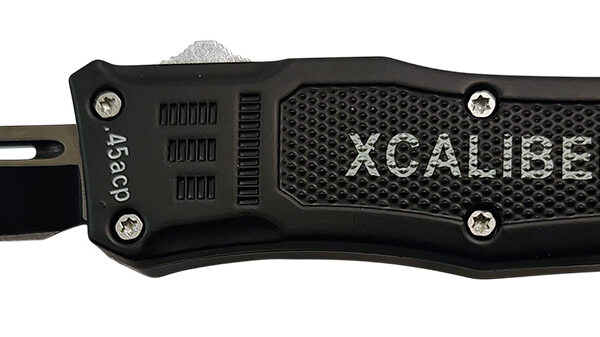 Xcaliber Knife Company  45 ACP  Small 2.75″ OTF Tanto Plain Black 440C SS Blade, 3.91″ Steel Handle