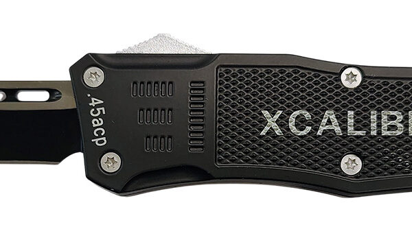 Xcaliber Knife Company  45 ACP  Large 3.80″ OTF Tanto Plain Black 440C SS Blade, 5.30″ Steel Handle