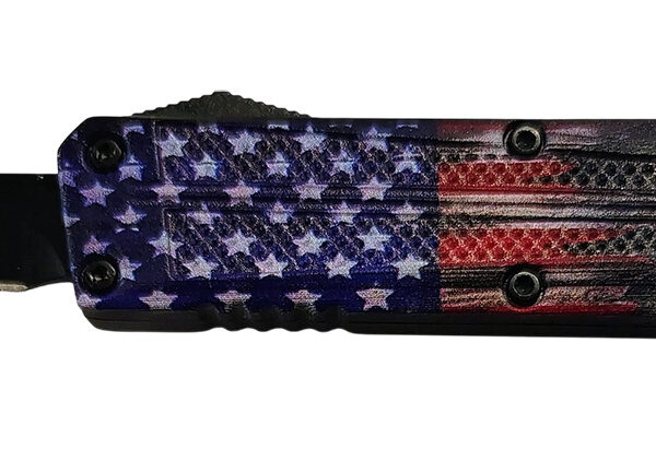 Xcaliber Knife Company  Drop Point  Mini 1.80″ OTF Drop Point Plain Black 440C SS Blade, 3.52″ US Flag Aluminum Handle