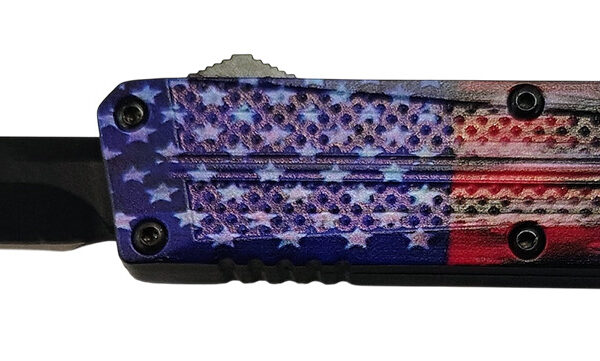 Xcaliber Knife Company  Don’t Tread on Me  Small 2.75″ OTF Drop Point Plain Black 440C SS Blade, 4.15″ US Flag Aluminum Handle