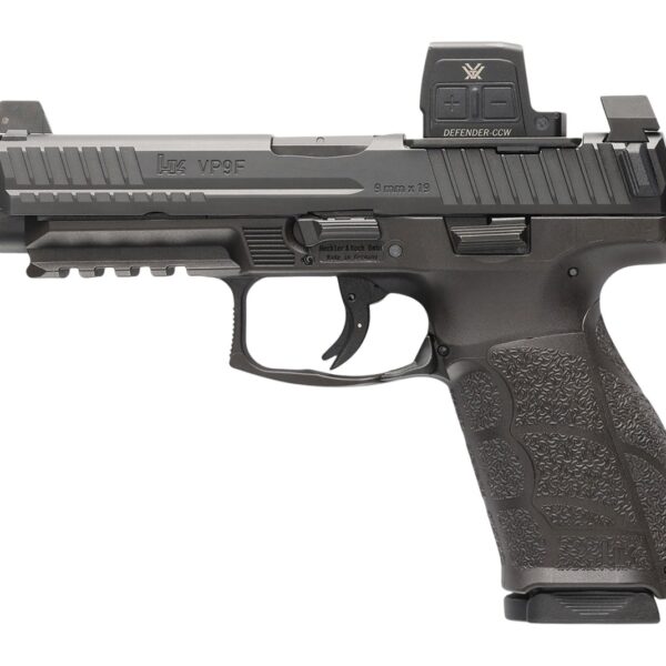 HK 81001351 VP9A1 F w/Optic 9mm Luger 15+1 4.53″ Black Barrel & Steel Serrated w/Optic Slide, Black Polymer Frame w/Picatinny Rail, Textured Grip, Vortex CCW