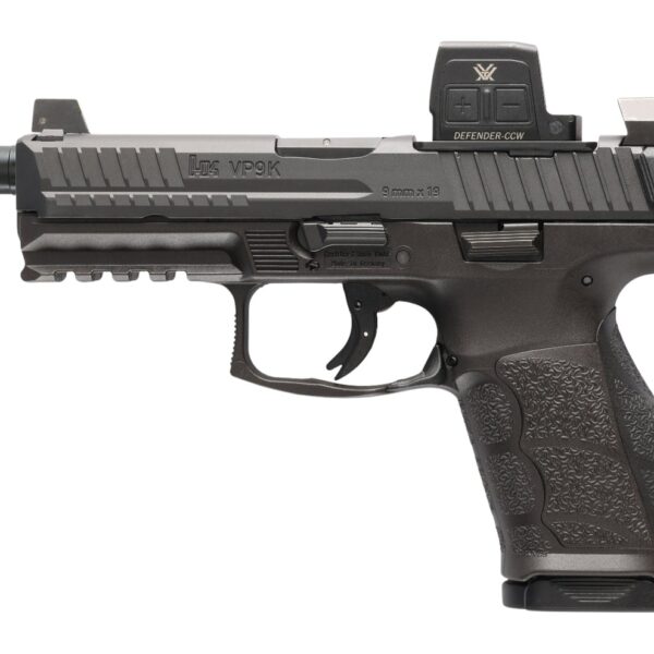 HK 81001367 VP9A1 K Tactical w/Optic 9mm Luger 15+1 4.70″ Black Threaded Barrel, Black Steel Serrated w/Optic Slide, Black Polymer Frame w/Picatinny Rail, Textured Grip, Vortex CCW