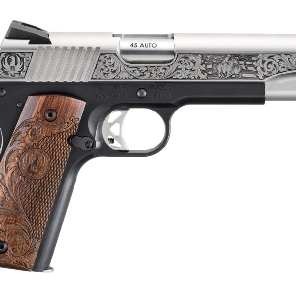 Ruger 16706 SR1911 Limited Edition 45 ACP 8+1 5″ Stainless Steel Barrel, Low-Glare Stainless Steel Serrated w/Engraving Slide, Black Anodized Aluminum Frame w/Beavertail, Custom Wood Engraved Grip