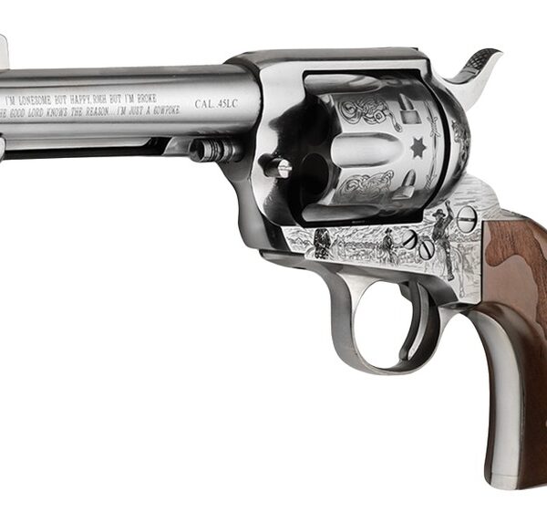 Pietta PFI45CP434EW Cowpoke 45 Colt (Long Colt) 6 Shot 4.75″ Nickel Barrel, Nickel Engraved Cylinder & Frame, Cowhide Walnut Engraved Grip, Exposed Hammer