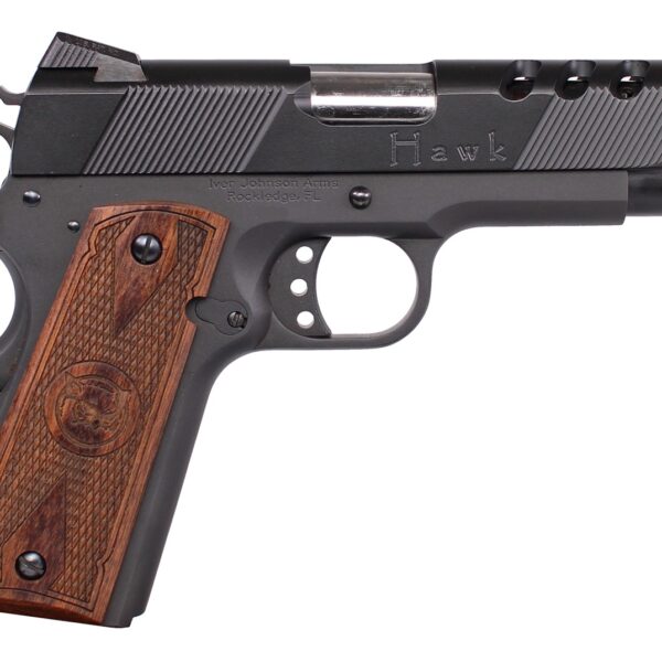 Iver Johnson Arms HAWK45P Hawk Commander 45 ACP 8+1 4.25″ Black Ported Barrel, Matte Black Steel Ported/Serrated Slide, Matte Black Steel Frame w/Beavertail, Checkered Double Diamond Walnut Grip, Righ