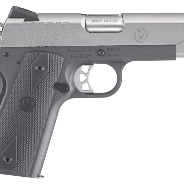Ruger 6722 SR1911 Commander-Style 9mm Luger 9+1 4.25″ Stainless Steel Barrel, Low-Glare Stainless Serrated Steel Slide, Tungsten Gray Cerakote Aluminum Frame w/Beavertail, Black Rubber Grip