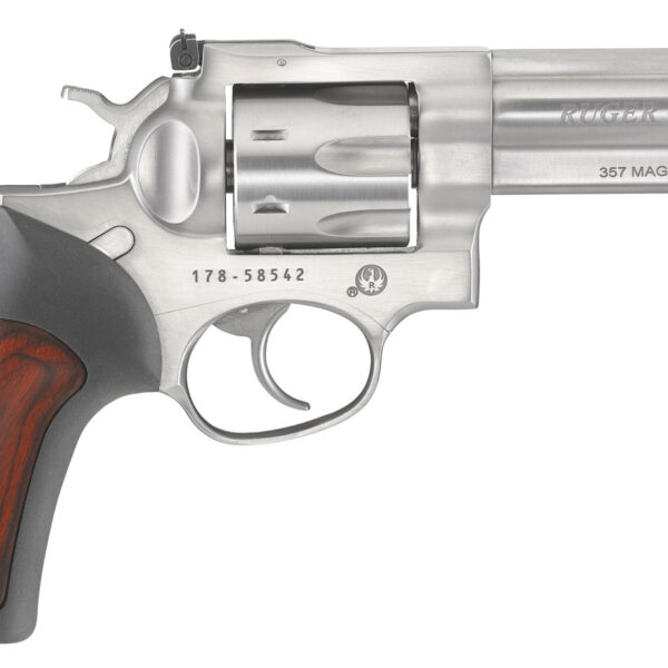 Ruger 1771 GP100  357 Mag 7 Shot, 4.20″ Satin Stainless Steel Barrel, Satin Stainless Cylinder, Satin Stainless Steel Frame, Black Rubber w/Wood Insert Grip, Exposed Hammer