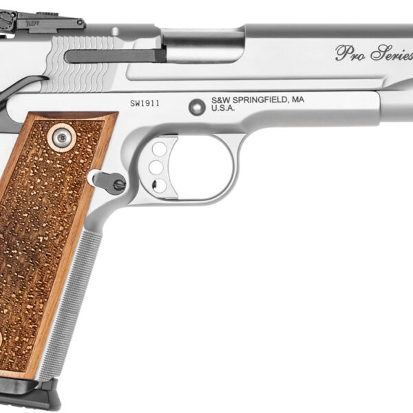 Smith & Wesson 178047 1911 Performance Center Pro  Full Size Frame 9mm Luger 10+1 5″ Stainless Steel Barrel, Matte Silver Serrated Stainless Steel Slide & Frame w/Beavertail, Wood Grip