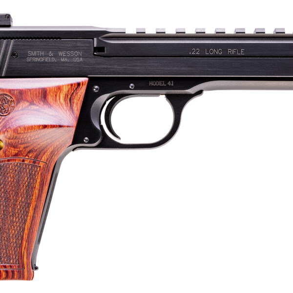 Smith & Wesson 178031 41 Performance Center Full Size Frame 22 LR 10+1, 5.50″ Blued Button Rifled/Picatinny Rail Barrel, Blued Serrated Slide & Frame, Custom Wood Target Grip, Thumb Safety