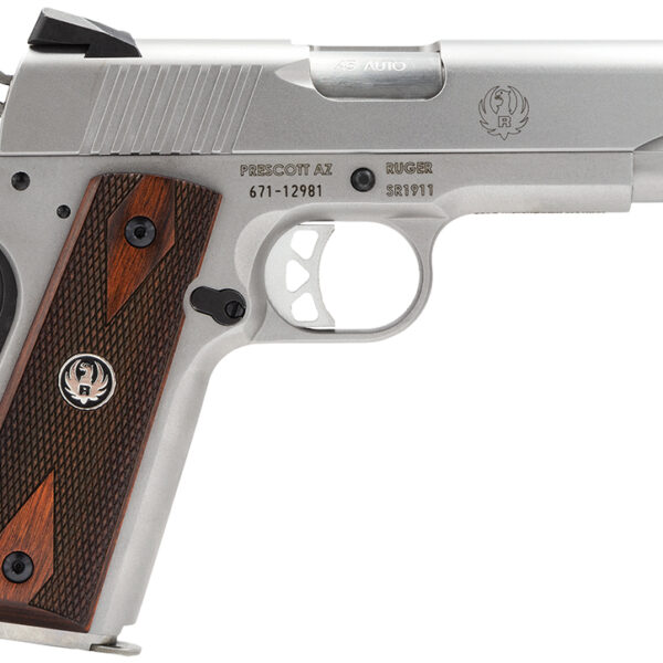 Ruger 6702 SR1911 Commander-Style 45 ACP 7+1 4.25″ Stainless Steel Barrel, Serrated Stainless Steel Slide, Stainless Steel Frame w/Beavertail, Hardwood Grip