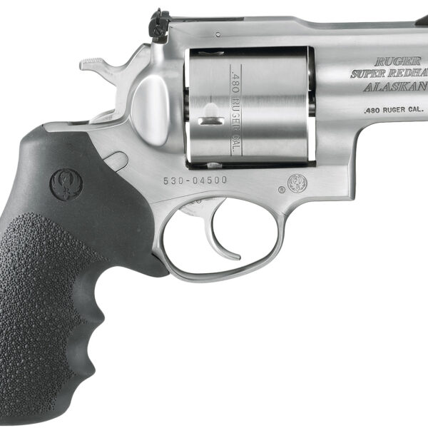 Ruger 5302 Super Redhawk Alaskan Small Frame 480 Ruger 6rd 2.50″ Satin Stainless Steel Barrel, Cylinder & Frame, Black Hogue Finger Groove Monogrip, Transfer Bar Safety Exposed Hammer
