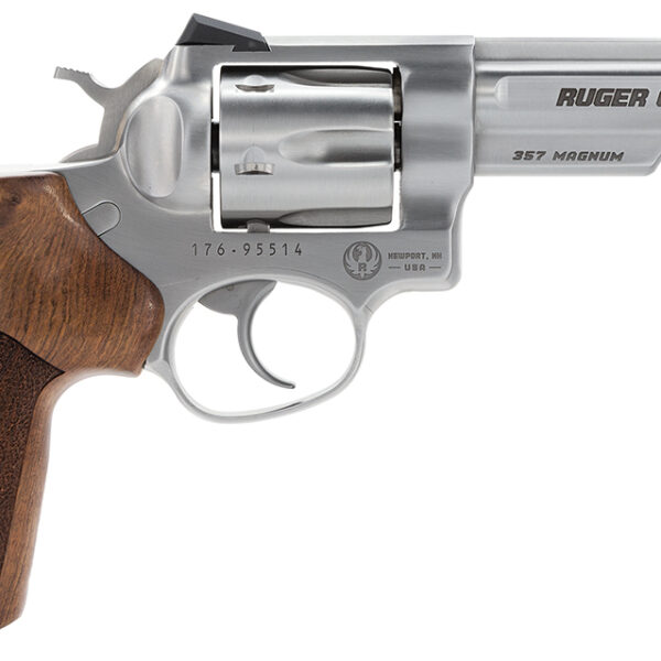 Ruger 1754 GP100 Match Champion Medium Frame 357 Mag 6rd 4.20″ Satin Stainless Steel Half-Lug Barrel, Cylinder & Frame, Hogue Stippled Hardwood Grip, Transfer Bar Safety, Exposed Hammer