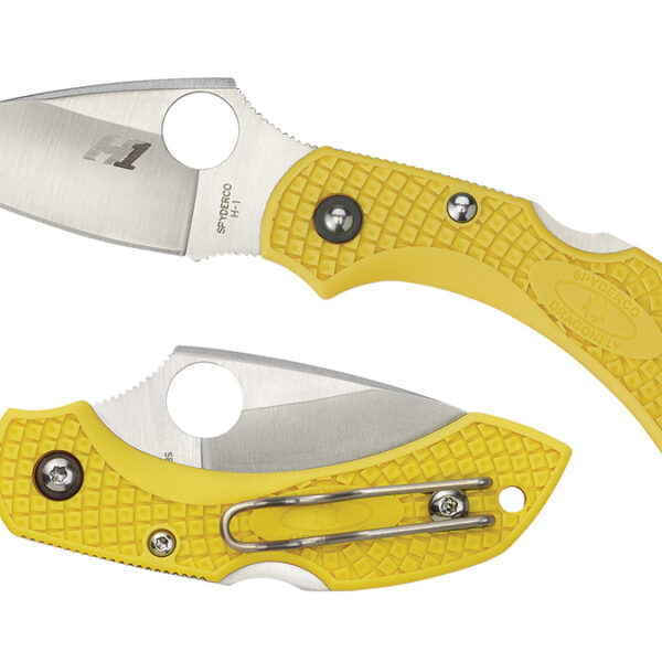Spyderco C28SYL2 Dragonfly 2 Salt 2.25″ Folding Clip Point Serrated H1 Steel Blade Yellow Bi-Directional Texturing FRN Handle Includes Pocket Clip