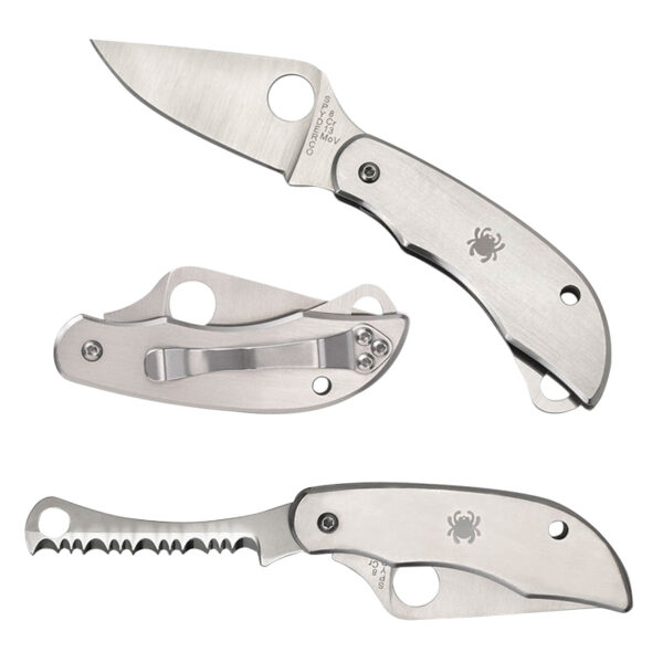 Spyderco C176P&S Clipitool  Silver Stainless Steel Folding 8Cr13MoV SS 4.57″/4.59″ Long Part Serrated Blade Stainless Steel Handle Features Screwdriver/Opener