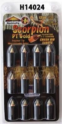 Harvester Muzzleloading Scorpion PT Gold Premium Polymer Tip Muzzleloader Bullets 50 Cal. Sabot 240 gr .451″ Polymer Tip 12/pk
