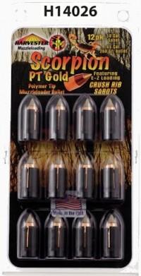 Harvester Muzzleloading Scorpion PT Gold Premium Polymer Tip Muzzleloader Bullets 50 Cal. Sabot 260 gr .451″ Polymer Tip Bullet 12/pk