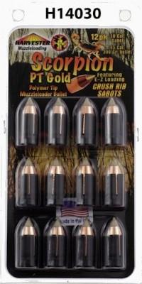 Harvester Muzzleloading Scorpion PT Gold Premium Polymer Tip Muzzleloader Bullets 50 Cal. Sabot 300 gr .451″ Polymer Tip Bullet 12/pk