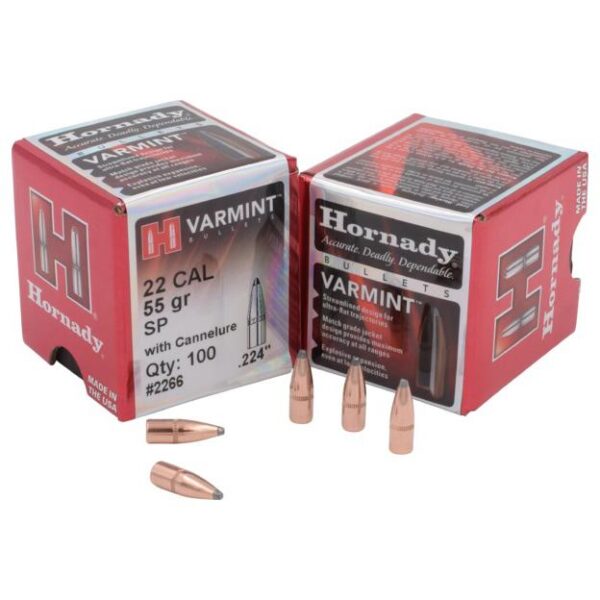 Hornady Traditional Varmint Bullets .22 cal .224″ 55 gr SP CANN BT 100/ct
