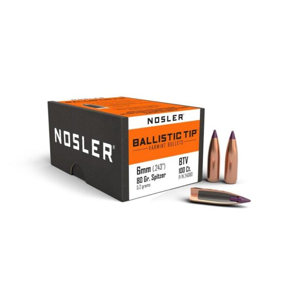 Nosler Ballistic Tip Varmint Rifle Bullets 6mm .243″ 80 gr SBT-SB 100/ct