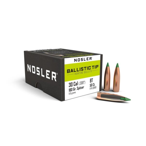 Nosler Ballistic Tip Hunting Rifle Bullets .30 cal .308″ 180 gr SBT-BTIP 50/ct