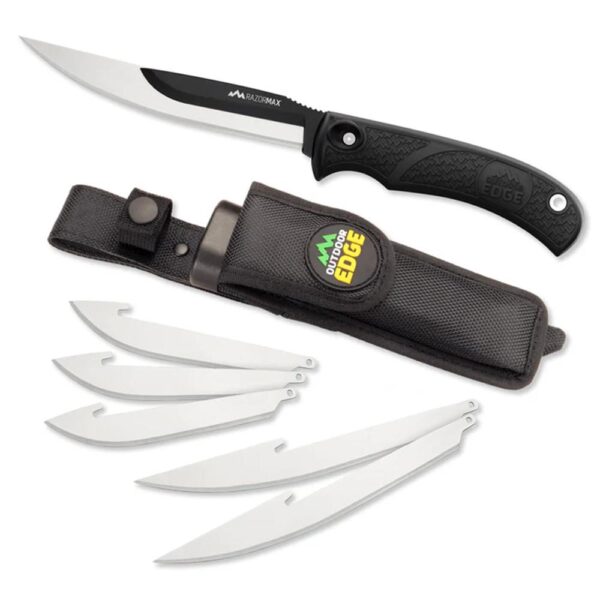 Outdoor Edge RazorMax Replaceable Fixed Knife 3-1/2″ Drop Point Blade 5″ Boning Blade Black