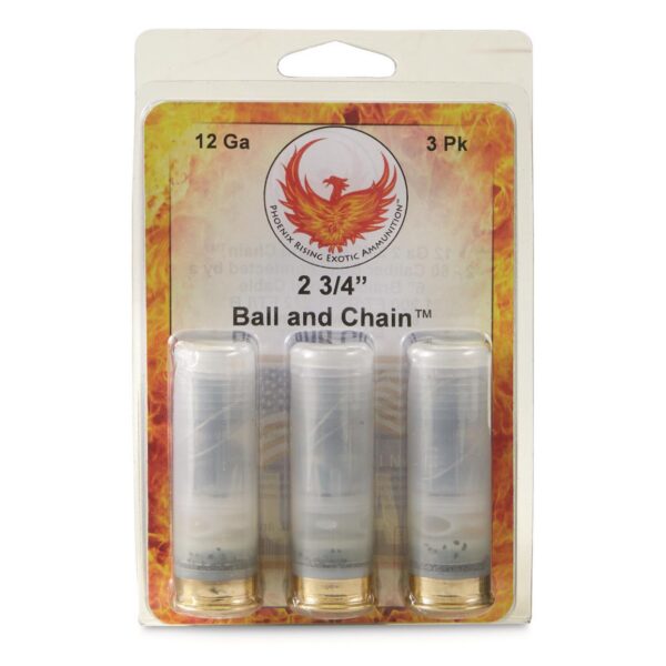 Phoenix Rising Ball & Chain Shotshells 2- 60 Cal Balls Connected with 6” Cable 12ga 2-3/4″ 1200 fps 3/ct