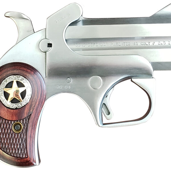 Bond Arms BARD Rustic Defender  Sports South Exclusive 45 Colt (LC) Caliber or 2.50″ 410 Gauge 2rd 3″ Barrel, Stainless Steel Finish, Rosewood Grip w/Integrated Star, Includes Exclusive Holster Packag