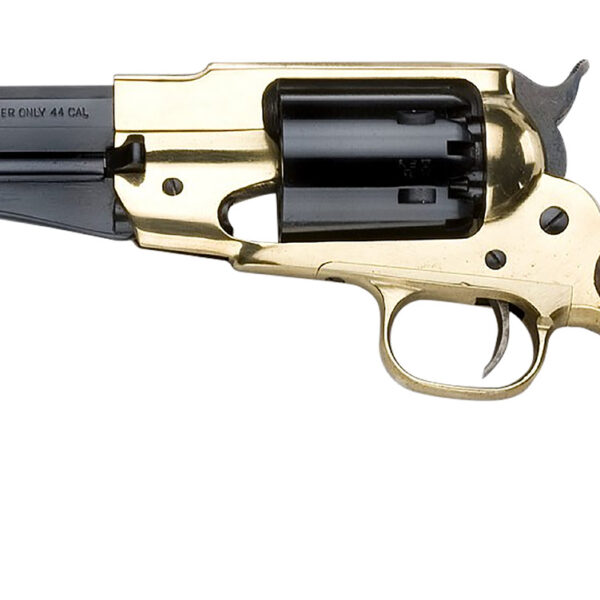 Pietta PF58BR44512 1858 Remington Brass Sheriff 44 Cal 6rd 5.50″ Blued Octagonal Steel Barrel & Cylinder, Brass Frame, Checkered Walnut Grip