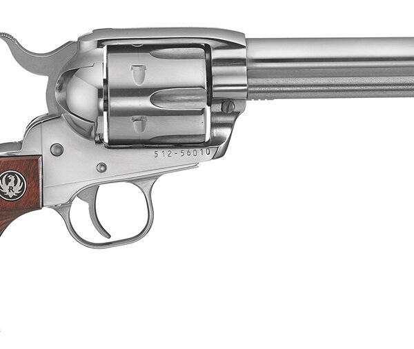 Ruger 5105 Vaquero  Medium Frame 45 Colt (Long Colt) 6rd 4.62″ High Gloss Stainless Steel Barrel, Cylinder & Frame, Hardwood Grip, Transfer Bar Safety, Exposed Hammer