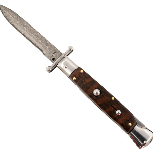 Steel River Knives SGSWRDAM Spartan  3.9″ Italian Bayonet Damascus 5.1″ Snakewood Buffalo Horn Handle Side Open