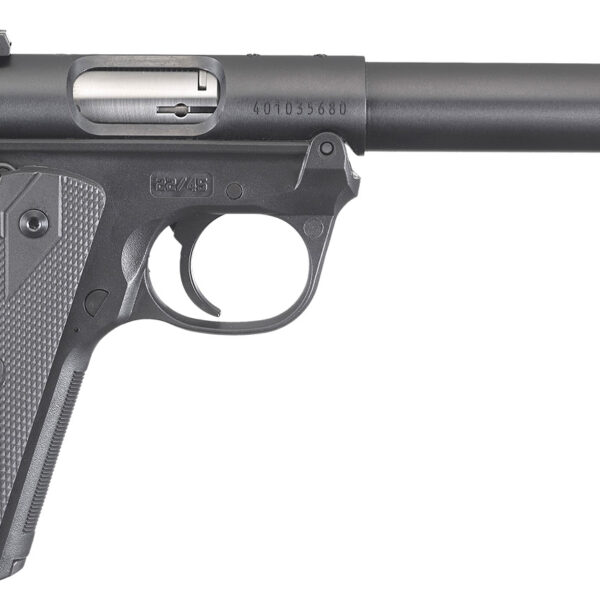 Ruger  Mark IV 22/45 22 LR 10+1, 5.50″ Stainless Bull Barrel, Blued Drilled & Tapped Steel Receiver & Polymer Frame,  Black Checkered Polymer Grip Ambidextrous