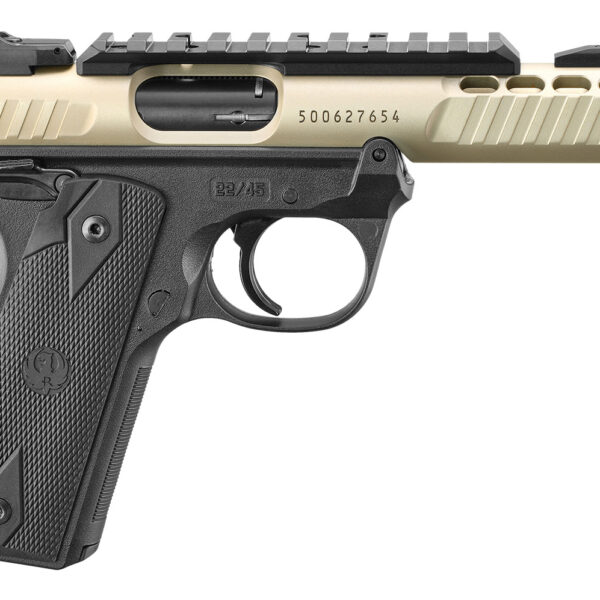 Ruger 43955 Mark IV 22/45 Lite 22 LR 10+1 4.40″ Stainless Threaded Barrel, Champagne Anodized Serrated Slide w/Picatinny Rail, Black Anodized Polymer Frame, Black Checkered 1911-Style Grip