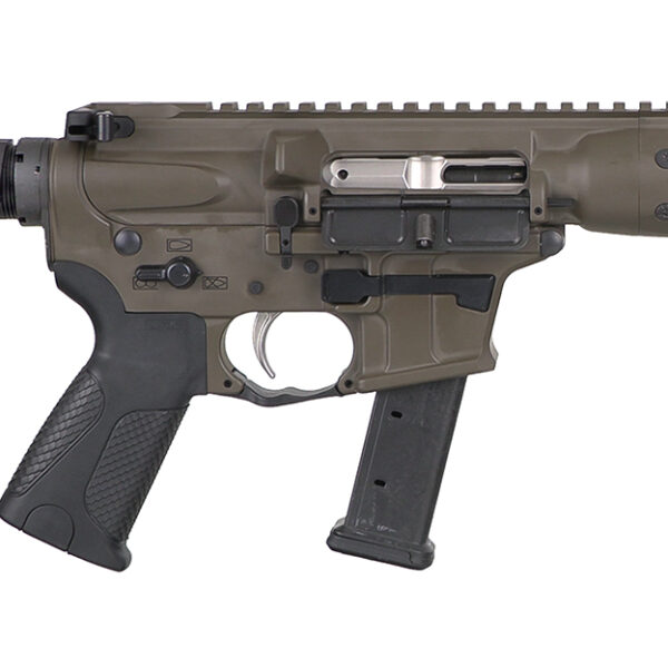 LWRC ICP9PBC8SBA3 IC-9 9mm Luger 8.50″ 33+1 Black Nitride Threaded Barrel, Patriot Brown Anodized Aluminum Picatinny Rail Receiver, SB Tactical SBA3 Brace, LWRC Ultra Combat Grip, Ambidextrous