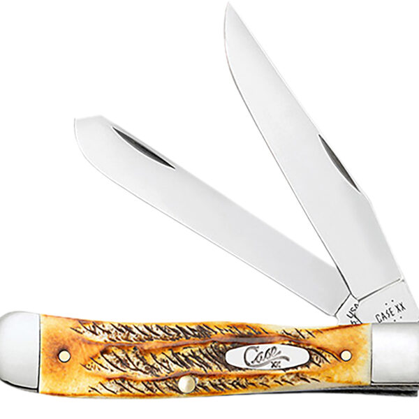 Case 65345 Trapper  3.25″ Folding Clip Point/Spey Plain Mirror Polished Tru-Sharp SS Blades, Burnt Dark Amber 6.5 BoneStag Handle, Includes Pocket Clip
