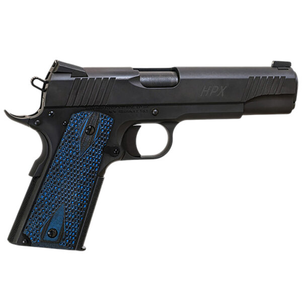 Standard Mfg 1911 HPX Full Size Frame 45 ACP 7+1 5″ Black Match Grade Barrel, Satin Steel Serrated Slide, Black Satin Steel Frame w/Beavertail, Black/Blue Honeycomb Grip