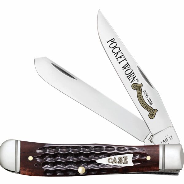 Case 55231 Pocket Worn Trapper Mini Folding 2.75″ Clip Point & Spey Plain Mirror Polished Tru-Sharp SS Blades, Corn Cob Jigged Mahogany Bone Handle