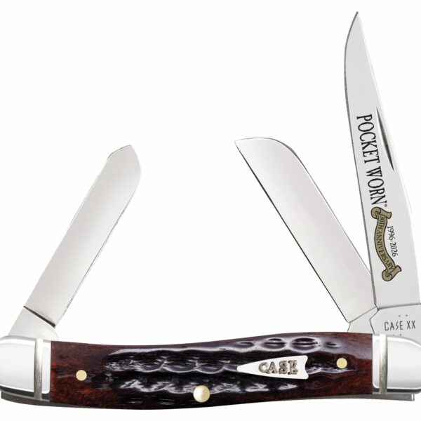 Case 55232 Pocket Worn Stockman Medium Folding Clip Point/Pen/Sheepsfoot Plain Tru-Sharp SS Blade, Mahogany Corn Cob Jigged Bone Handle