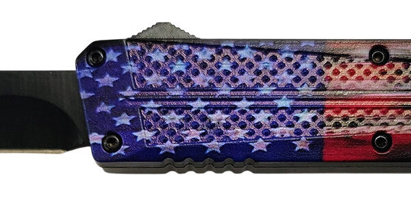 Xcaliber Knife Company  Don’t Tread on Me  Medium 3.20″ OTF Drop Point Plain Black 440C SS Blade, 4.80″ US Flag Aluminum Handle