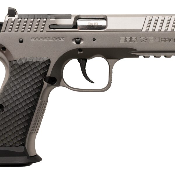 Sarsilmaz SAR7/24SPT 7/24  9mm Luger 17+1 4.40″ Stainless Barrel, Matte Stainless Steel Optic Cut/Serrated Slide, Matte Stainless Steel Frame w/Beavertail & Picatinny Rail, Black Polymer Grip