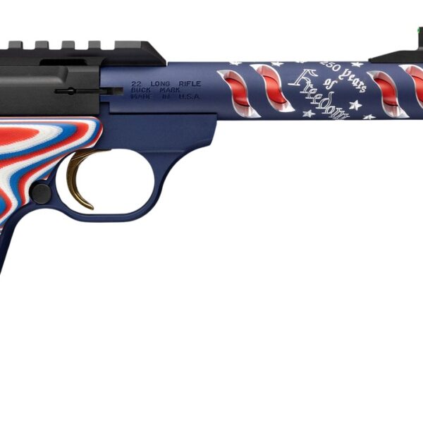 Browning 051615490 Buck Mark Freedom 250 SR 22 LR 10+1 5.90″ Waving Flag Threaded Barrel, Blue Anodized Serrated w/Picatinny Rail Aluminum Receiver, Red/White/Blue G10 Grip