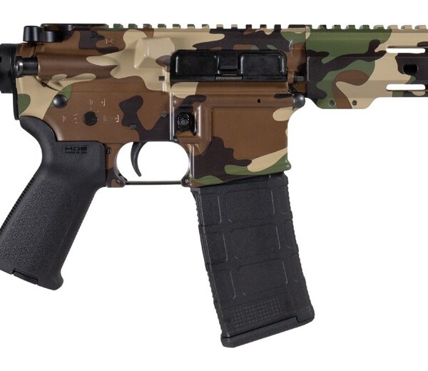 Shark Coast Tactical SCC07206M81-P Woodland Camo 5.56 NATO 30+1 Black Nitride Threaded Barrel, Aluminum Receiver w/Picatinny Rail, M-LOK Handguard, Polymer SB Tactical SBA3 Brace, Magpul MOE Grip, Rig