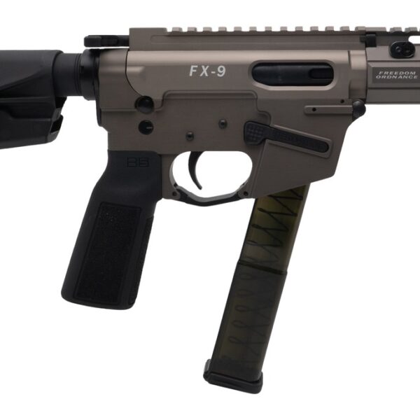 Freedom Ordance FX9P4E-FDE FX9P Elite 9mm Luger 4″ Black Nitride Threaded Barrel, Flat Dark Earth Anodized Aluminum Receiver w/Picatinny Rail, M-LOK Handguard, Black Polymer SB Tactical SBA5 Brace, Bl