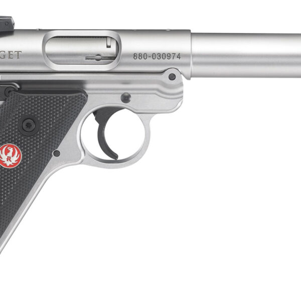 Ruger 40103 Mark IV Target 22 LR 10+1 5.50″ Satin Stainless Bull Barrel, Satin Stainless Steel Slide, Stainless Steel Frame Drilled & Tapped Receiver, Black Checkered Polymer Grip, Right Hand
