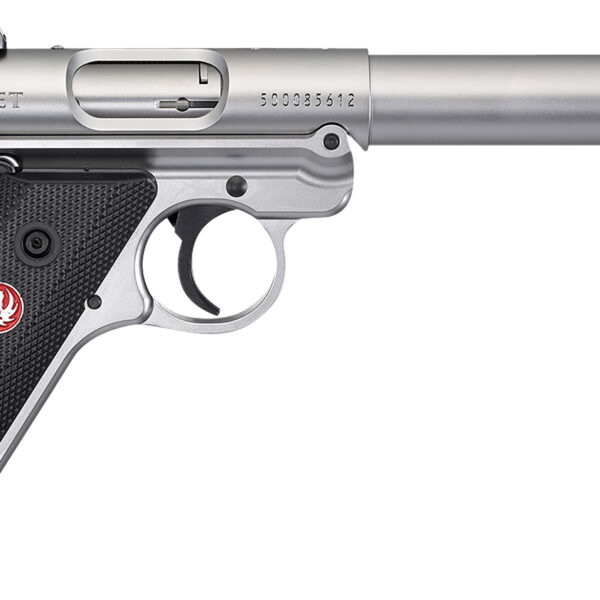 Ruger 40126 Mark IV Target 22 LR 10+1 5.50″ Satin Threaded Bull Barrel, Drilled & Tapped Receiver, Satin Stainless Steel Frame, Black Checkered Polymer Grip, Right Hand
