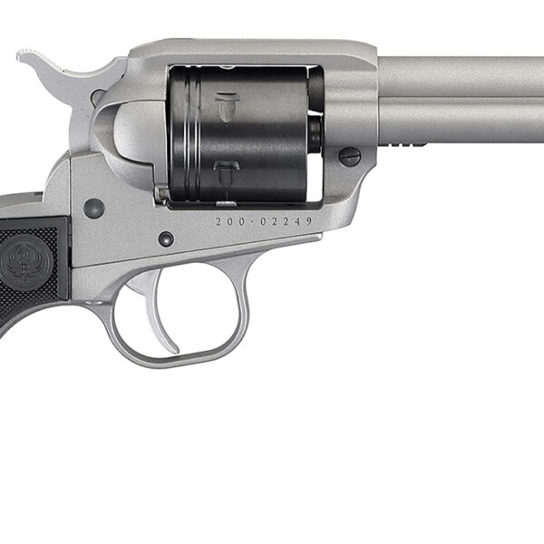 Ruger 2003 Wrangler  22 LR 6 Shot 4.62″ Silver Cerakote, Silver Cerkoate Aluminum Frame & Cylinder Black Checkered Polymer Grips