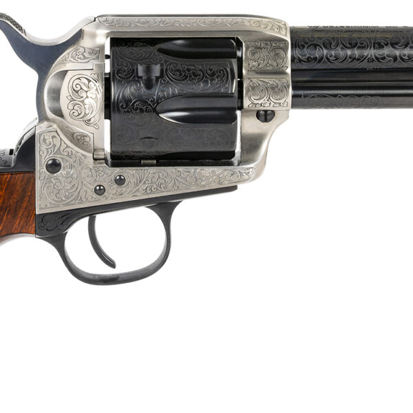 Taylors & Company 550924 1873 Cattleman 357 Mag Caliber with 4.75″ Blued Floral Engraved Finish Barrel, 6rd Capacity Blued Finish Cylinder, Coin Photo Engraved Finish Steel Frame & Walnut Grip