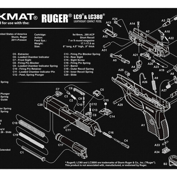 TekMat TEKR17RUGERLC9 Ruger LC9 Cleaning Mat Black/White Rubber 11″x17″ Ruger LC9 Parts Diagram