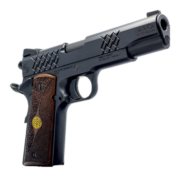 Dickinson LLC DKSN9BM 1911 Adam Full Size Frame 45 ACP 8+1 4.37″ Matte Black Button Rifled Barrel, Matte Black Serrated Aluminum Slide, Matte Black Steel Frame, Wood Grips