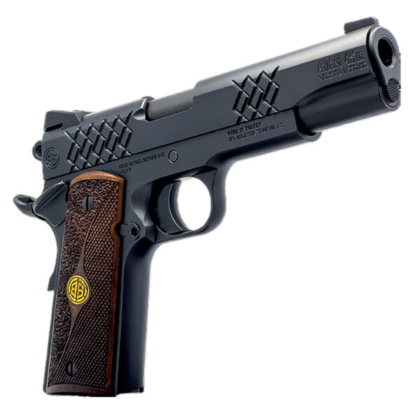 Dickinson LLC DKSN45BM 1911 Adam Full Size Frame 45 ACP 8+1 5″ Matte Black Button Rifled Barrel, Matte Black Serrated Aluminum Slide, Matte Black Steel Frame, Wood Grips