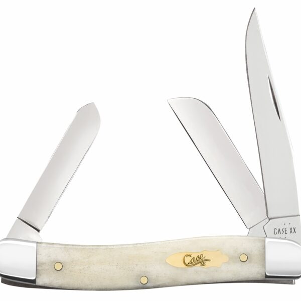 Case 11021 Stockman Medium Folding Clip Point/Pen/Sheepsfoot Plain Carbon Steel Blade, Smooth Natural Bone Handle